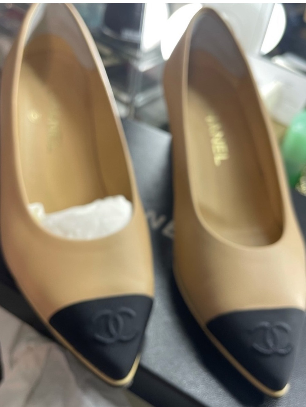 CHANEL Beige and Black Cap-Toe Pointed Pumps - Picture 2 of 10